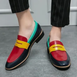 Men's Colorful Faux Leather Loafers - Red, Green, and Yellow Design with Modern Slip-On Style for Casual and Formal Occasions