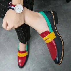 Men's Colorful Faux Leather Loafers - Red, Green, and Yellow Design with Modern Slip-On Style for Casual and Formal Occasions