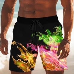 Men's Colorful Flame Swim Trunks Swim Shorts Board Shorts Mid Waist Casual Outdoor Vacation Dailywear Side Pockets Mesh Lining Elastic Drawstring Waist Designer Clothing Apparel