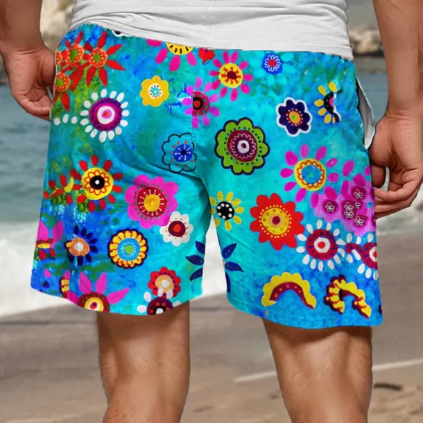 Men's Colorful Flower / Floral Swim Trunks Swim Shorts Board Shorts Mid Waist Hawaiian Casual Holiday Beach Drawstring with Mesh lining Elastic Waist Designer Clothing Apparel