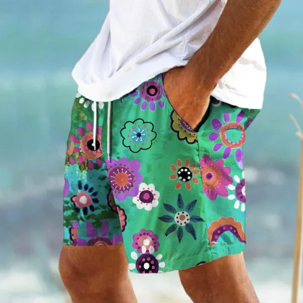 Men's Colorful Flower / Floral Swim Trunks Swim Shorts Board Shorts Mid Waist Hawaiian Casual Holiday Beach Drawstring with Mesh lining Elastic Waist Designer Clothing Apparel
