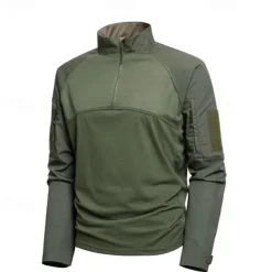 Men's Combat Shirt Hiking Shirt Tactical Military Shirt Long Sleeve Quarter Zip Top Outdoor Breathable Soft Polyester Patchwork Black Army Green Khaki Gym Climbing Camping / Hiking / Caving