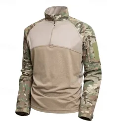 Men's Combat Shirt Hiking Shirt Tactical Military Shirt Long Sleeve Quarter Zip Top Outdoor Breathable Soft Polyester Patchwork Black Army Green Khaki Gym Climbing Camping / Hiking / Caving