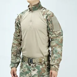 Men's Combat Shirt Hiking Shirt Tactical Military Shirt Long Sleeve Quarter Zip Top Outdoor Breathable Soft Polyester Patchwork Black Army Green Rough Black Gym Climbing Camping / Hiking / Caving