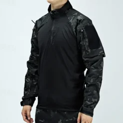 Men's Combat Shirt Hiking Shirt Tactical Military Shirt Long Sleeve Quarter Zip Top Outdoor Breathable Soft Polyester Patchwork Black Army Green Rough Black Gym Climbing Camping / Hiking / Caving