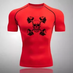 Men's Compression Shirt Athletic Shirt Gym Shirt Fitness Shirt Short Sleeve Tee Tshirt Casual Athleisure Breathable Quick Dry Soft Gym Workout Running Walking Sportswear Activewear Skull White Red