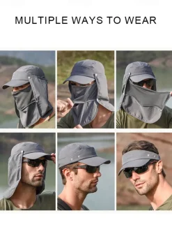 Men's Convertible Sun Hat with Neck Flap and Detachable Face Cover, UV Protection Lightweight Cap for Outdoor Hiking, Fishing, and Camping