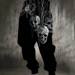 Men's Cool Skulls Chains Print Halloween Costumes Sweatpants Joggers Trousers Mid Waist Drawstring Elastic Waist Dark Gothic Style Jogging Streetwear Workout Athletic Sweatpants with Pockets Spring