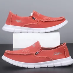 Men's Coral Slip-On Canvas Shoes with Frayed Edges – Casual and Comfortable Sneakers for Everyday Wear