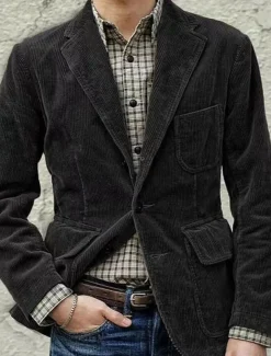 Men's Corduroy Jacket Transition Jacket Going out Pocket All Seasons Plain Classic Lapel Regular Black Brown Army Green Dark Blue Jacket
