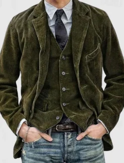 Men's Corduroy Jacket Transition Jacket Going out Pocket All Seasons Plain Classic Lapel Regular Black Brown Army Green Dark Blue Jacket
