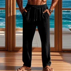 Men's Corduroy Pants Trousers Summer Pants Beach Pants Pocket Elastic Waist Drawstring Plain Comfort Sports Outdoor Daily Fashion Casual Black Green Micro-elastic