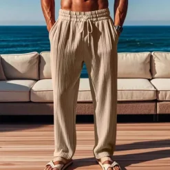 Men's Corduroy Pants Trousers Summer Pants Beach Pants Pocket Elastic Waist Drawstring Plain Comfort Sports Outdoor Daily Fashion Casual Black Green Micro-elastic