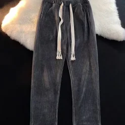Men's Corduroy Pants Winter Pants Trousers Drawstring Elastic Waist Straight Leg Solid Color Comfort Warm Casual Daily Streetwear Sports Fashion Black Apricot Micro-elastic