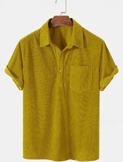 Men's Corduroy Shirt Golf Shirt Work Casual Lapel Short Sleeve Basic Modern Plain Buttons Summer Regular Fit Black Yellow Brown Army Green Corduroy Shirt