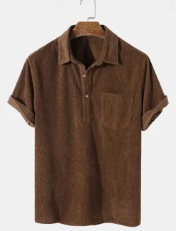 Men's Corduroy Shirt Golf Shirt Work Casual Lapel Short Sleeve Basic Modern Plain Buttons Summer Regular Fit Black Yellow Brown Army Green Corduroy Shirt