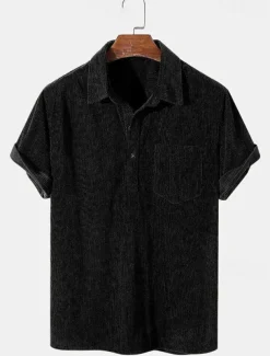 Men's Corduroy Shirt Golf Shirt Work Casual Lapel Short Sleeve Basic Modern Plain Buttons Summer Regular Fit Black Yellow Brown Army Green Corduroy Shirt