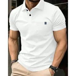 Men's Cotton Blend Polo Shirt Golf Shirt Casual Holiday Ribbed Polo Collar Short Sleeve Fashion Basic Solid Color Patchwork Pocket Summer Regular Fit Light Blue Black White Yellow Royal Blue Cotton