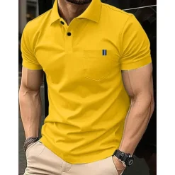 Men's Cotton Blend Polo Shirt Golf Shirt Casual Holiday Ribbed Polo Collar Short Sleeve Fashion Basic Solid Color Patchwork Pocket Summer Regular Fit Light Blue Black White Yellow Royal Blue Cotton