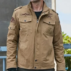 Men's Cotton Embroidered Military Jacket Cargo Jacket with Shoulder Straps Long Sleeve Standing Collar Multi-Pockets Coat Trucker Jacket US Flag Print Tactical Outerwear