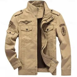 Men's Cotton Embroidered Military Jacket Cargo Jacket with Shoulder Straps Long Sleeve Standing Collar Multi-Pockets Coat Trucker Jacket US Flag Print Tactical Outerwear