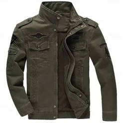 Men's Cotton Embroidered Military Jacket Cargo Jacket with Shoulder Straps Long Sleeve Standing Collar Multi-Pockets Coat Trucker Jacket US Flag Print Tactical Outerwear