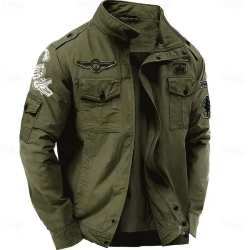 Men's Cotton Embroidered Military Jacket Windbreaker with Shoulder Straps Long Sleeve Standing Collar Multi-Pockets Trucker Jacket Crocodile Print Tactical Outerwear