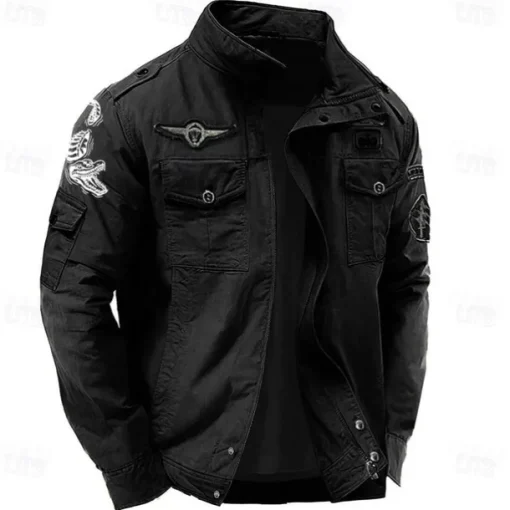 Men's Cotton Embroidered Military Jacket Windbreaker with Shoulder Straps Long Sleeve Standing Collar Multi-Pockets Trucker Jacket Crocodile Print Tactical Outerwear