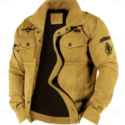 Men's Cotton Embroidered Military Jacket Cargo Jacket with Shoulder Straps Long Sleeve Standing Collar Multi-Pockets Coat Trucker Jacket Western Cow Print Tactical Outerwear