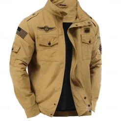 Men's Cotton Embroidered Military Jacket with Shoulder Straps Long Sleeve Standing Collar Multi-Pockets Trucker Jacket US Flag Print Tactical Outerwear