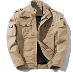 Men's Cotton Embroidered Military Jacket Cargo Jacket with Shoulder Straps Long Sleeve Standing Collar Multi-Pockets Coat Trucker Jacket US Flag Print Tactical Outerwear