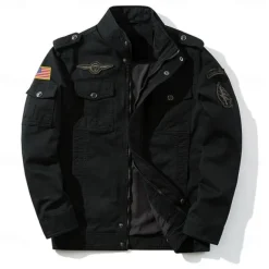 Men's Cotton Embroidered Military Jacket Cargo Jacket with Shoulder Straps Long Sleeve Standing Collar Multi-Pockets Coat Trucker Jacket US Flag Print Tactical Outerwear