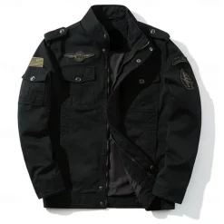 Men's Cotton Embroidered Military Jacket Cargo Jacket with Shoulder Straps Long Sleeve Standing Collar Multi-Pockets Coat Trucker Jacket US Flag Print Tactical Outerwear