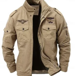 Men's Cotton Embroidered Military Jacket Cargo Jacket with Shoulder Straps Long Sleeve Standing Collar Multi-Pockets Coat Trucker Jacket Tactical Outerwear