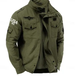 Men's Cotton Embroidered Military Jacket Windbreaker with Shoulder Straps Long Sleeve Standing Collar Multi-Pockets Trucker Jacket USA Flag Print Tactical Outerwear