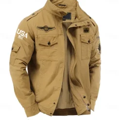 Men's Cotton Embroidered Military Jacket Windbreaker with Shoulder Straps Long Sleeve Standing Collar Multi-Pockets Trucker Jacket USA Flag Print Tactical Outerwear