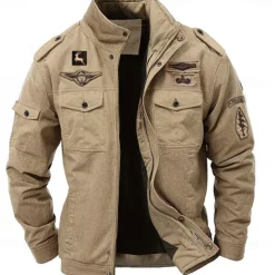 Men's Cotton Embroidered Military Jacket Cargo Jacket with Shoulder Straps Long Sleeve Standing Collar Multi-Pockets Coat Trucker Jacket Reindeer Print Tactical Outerwear