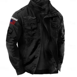 Men's Cotton Embroidered Military Jacket Windbreaker with Shoulder Straps Long Sleeve Standing Collar Multi-Pockets Trucker Jacket US Flag Print Tactical Outerwear