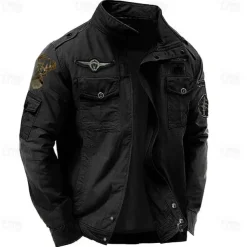 Men's Cotton Embroidered Military Jacket Windbreaker with Shoulder Straps Long Sleeve Standing Collar Multi-Pockets Trucker Jacket Reindeer Print Tactical Outerwear