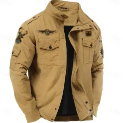 Men's Cotton Embroidered Military Jacket Windbreaker with Shoulder Straps Long Sleeve Standing Collar Multi-Pockets Trucker Jacket Reindeer Print Tactical Outerwear