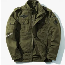 Men's Cotton Embroidered Military Jacket Cargo Jacket with Shoulder Straps Long Sleeve Standing Collar Multi-Pockets Coat Trucker Jacket Freedom Letter Print Tactical Outerwear