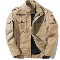 Men's Cotton Embroidered Military Jacket Cargo Jacket with Shoulder Straps Long Sleeve Standing Collar Multi-Pockets Coat Trucker Jacket Freedom Letter Print Tactical Outerwear