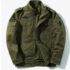 Men's Cotton Embroidered Military Jacket Cargo Jacket with Shoulder Straps Long Sleeve Standing Collar Multi-Pockets Coat Trucker Jacket Star Print Tactical Outerwear