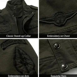 Men's Cotton Embroidered Military Jacket Cargo Jacket with Shoulder Straps Long Sleeve Standing Collar Multi-Pockets Coat Trucker Jacket Star Print Tactical Outerwear