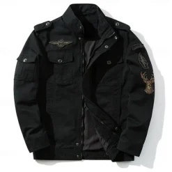 Men's Cotton Embroidered Military Jacket Cargo Jacket with Shoulder Straps Long Sleeve Standing Collar Multi-Pockets Coat Trucker Jacket Christmas Reindeer Print Tactical Outerwear