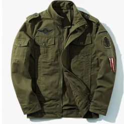 Men's Cotton Embroidered Military Jacket Cargo Jacket with Shoulder Straps Long Sleeve Standing Collar Multi-Pockets Coat Trucker Jacket US Flag Print Tactical Outerwear