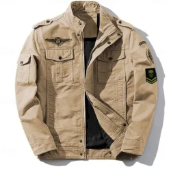 Men's Cotton Embroidered Military Jacket Cargo Jacket with Shoulder Straps Long Sleeve Standing Collar Multi-Pockets Coat Trucker Jacket Skull Print Tactical Outerwear