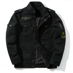 Men's Cotton Embroidered Military Jacket Cargo Jacket with Shoulder Straps Long Sleeve Standing Collar Multi-Pockets Coat Trucker Jacket Skull Print Tactical Outerwear