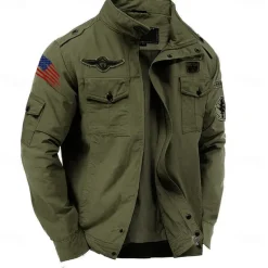 Men's Cotton Embroidered Military Jacket Windbreaker with Shoulder Straps Long Sleeve Standing Collar Multi-Pockets Trucker Jacket American US Flag Print Tactical Outerwear