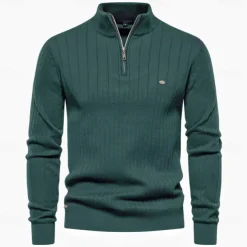 Men's Cotton Knit Vertical Stripes Half Zip Knitwear Elegant Christmas Gifts Home Clothing Apparel Fall Winter Black Navy Blue S M L